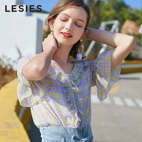 蓝色倾情夏装新款女装 时尚上衣百搭雪纺衫女格子显瘦洋气小衫商品大图