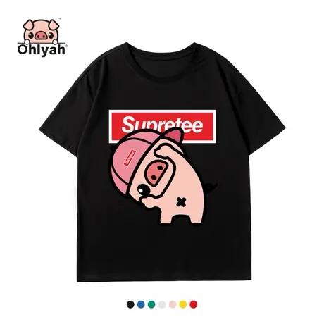 Ohlyah品牌  小猪米罗  全棉短袖 韩版潮卡通pig黑色t恤女装宽松商品大图