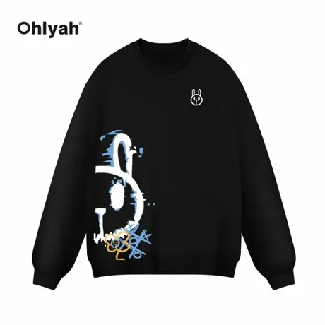 Ohlyah黑色兔子卫衣男女秋冬同款潮牌无帽宽松套头中长款情侣外套商品大图