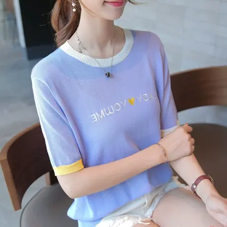 夏季新款短袖针织衫女装时尚拼色T恤衫夏装宽松字母刺绣上衣商品大图