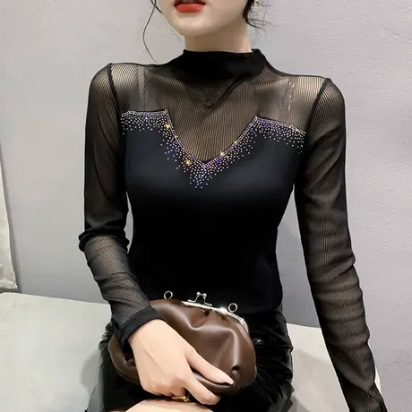 性感网纱打底衫女秋冬2023新款欧货烫钻T恤长袖内搭半高领上衣ins商品大图