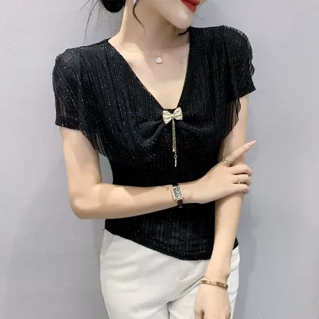 欧货网纱荷叶边T恤女短袖时尚修身百搭V领小衫洋气设计感小众上衣商品大图