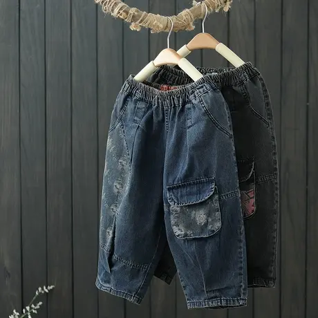 夏季新品复古拼接印花牛仔五分裤女士宽松显瘦哈伦裤休闲中裤短裤图片