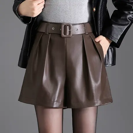 PU皮短裤女秋季2023新款高腰宽松a字阔腿裤外穿休闲皮裤时尚靴裤商品大图
