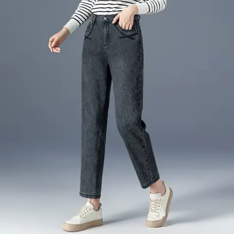 黑色高腰牛仔裤女2023新款春秋大码女裤妈妈裤子老爹萝卜裤哈伦裤商品大图