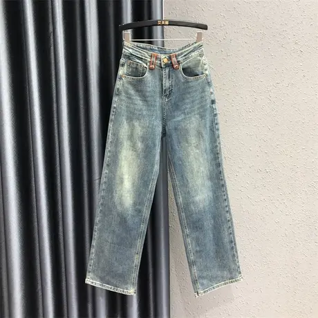 23春秋新款蓝色设计感宽松百搭牛仔直筒长裤女高腰宽松显瘦拖地裤图片