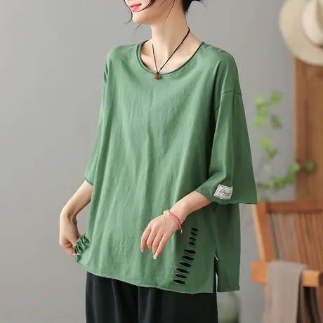 dza复古纯棉破洞T恤女2023夏季薄款圆领短袖体恤气质漂亮打底上衣商品大图