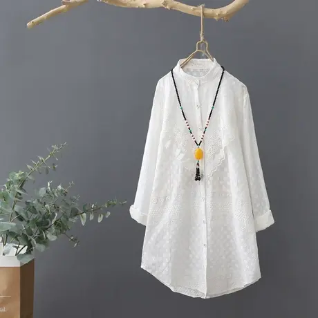 小众蕾丝全棉白衬衫女中长款长袖立领宽松打底衫刺绣外搭衬衣上衣图片