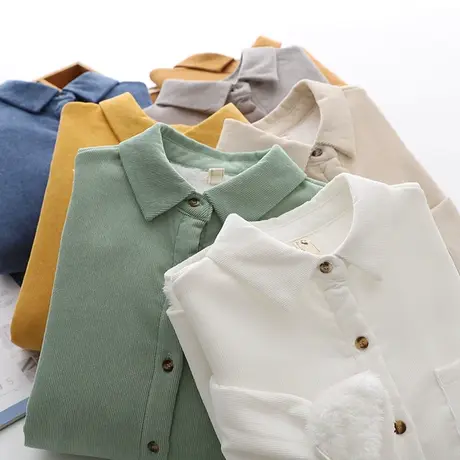 冬装新款加绒加厚打底上衣灯芯绒衬衣女宽松韩版复古港味百搭衬衫图片
