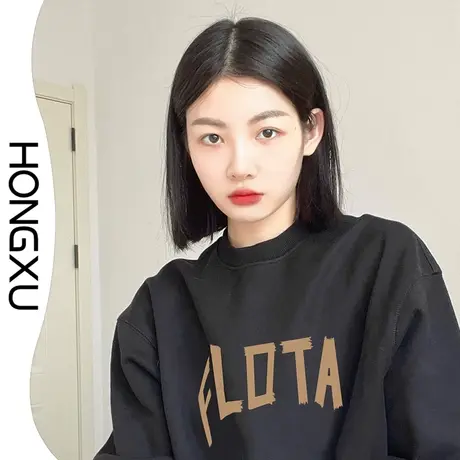 红续新款冬季清冷感黑色圆领上衣ins潮字母图案加厚保暖学生卫衣图片