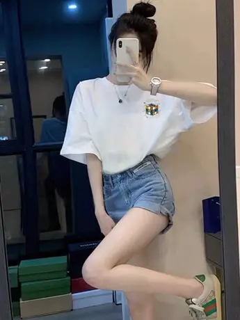 白色仿棉短袖t恤女2023年夏季新款宽松复古港味chic潮牌小众上衣图片