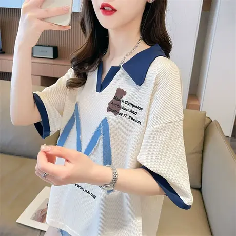 翻领polo衫短袖t恤女夏季韩版宽松大码女装撞色小个子半袖上衣服商品大图