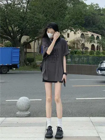 复古欧美纯棉短袖t恤女夏季宽松百搭小众设计感oversize半袖上衣商品大图