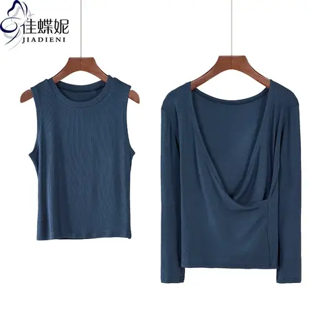 早秋季新款百搭深V领长袖修身T恤圆领内搭背心纯色上衣两件套女商品大图
