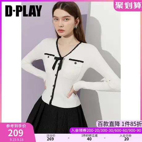 DPLAY2023秋新法式优雅时尚白短款V领蝴蝶结撞色贝克绣针织开衫商品大图