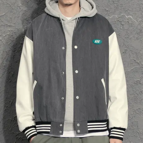 春秋季男士潮流拼接牛仔夹克休闲美式外套工装上衣韩版休闲棒球服图片