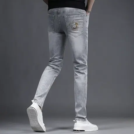 高端浅灰色牛仔长裤男夏季薄款2023新款弹力休闲男士牛仔裤青年商品大图