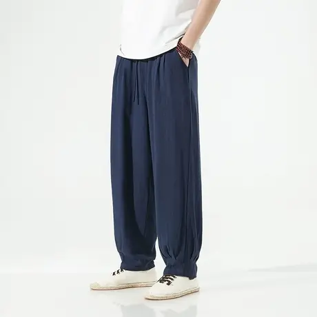 直筒亚麻裤男夏季薄款宽松加肥大码阔腿裤中国风男装收口哈伦裤子商品大图