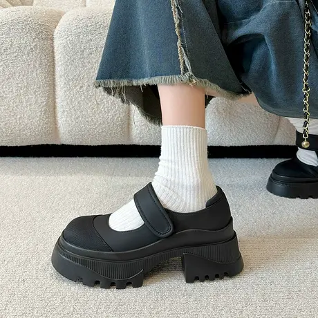 单鞋女夏季2023年新款粗跟防滑高跟黑色小皮鞋厚底配裙子玛丽珍鞋商品大图