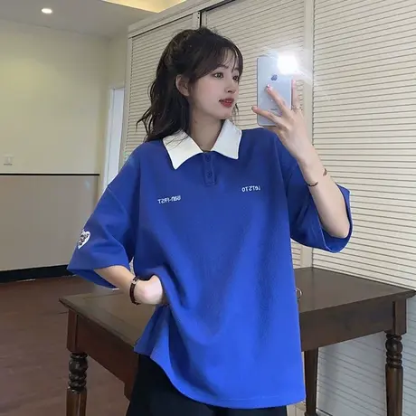 胖mm300斤大码polo领短袖t恤女装夏季新款宽松设计感学生半袖上衣商品大图