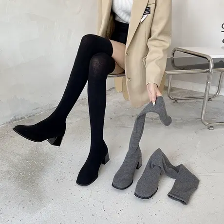 永希黑色过膝高筒长靴女春秋新款针织弹力袜靴女方头粗跟瘦瘦靴女图片