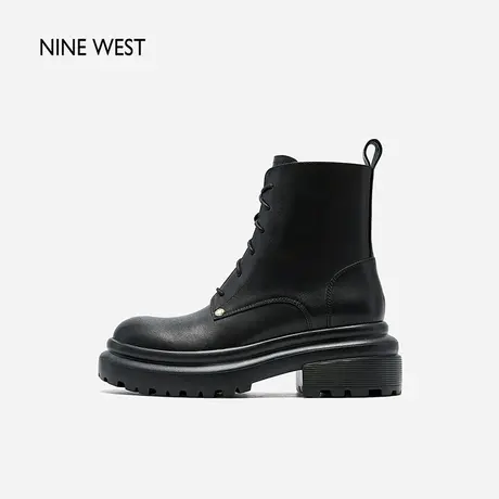 Nine West/玖熙真皮层次厚底马丁靴女2023冬新款圆头粗跟系带短靴图片