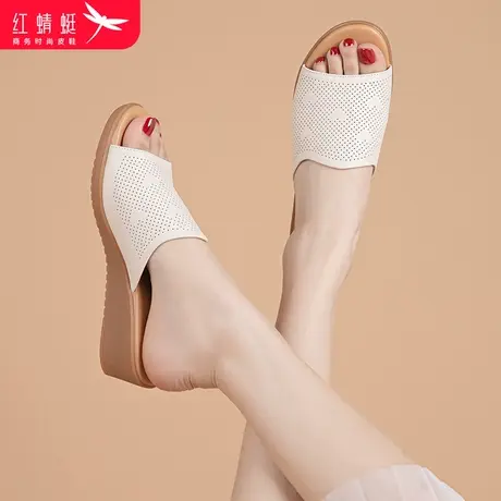 红蜻蜓凉皮拖鞋女夏季新款厚底坡跟外穿女士凉拖鞋真皮高跟女鞋夏商品大图