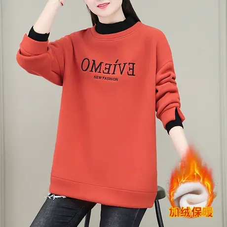 中长款圆领加绒卫衣女秋冬2023年新款韩版时尚宽松半高领上衣长袖图片