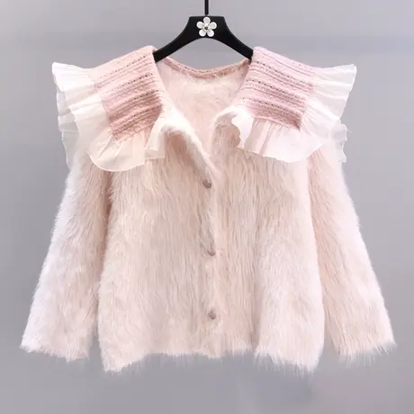 小香风娃娃领水貂绒毛衣外套女秋冬2023年新款高级感软糯针织开衫商品大图