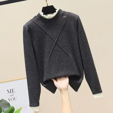 花边拼接半高领打底衫女秋冬2023新款长袖内搭修身加厚t恤上衣潮商品大图