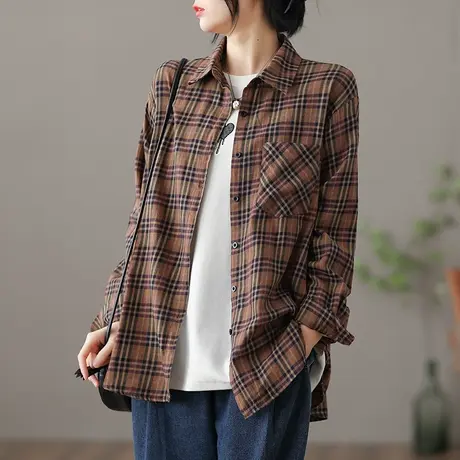 dza 文艺复古格子衬衫上衣女外穿春款女装2022年新款漂亮短款衬衣图片