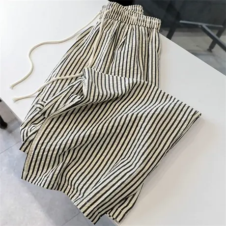 慵懒风~2023新款简约百搭泡泡棉细条纹阔腿裤女宽松直筒休闲长裤商品大图