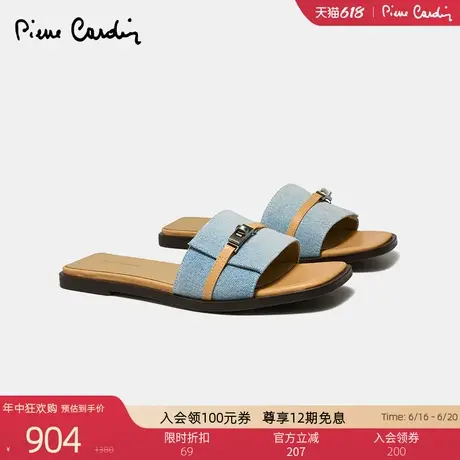 皮尔卡丹女鞋经典夏潮拖懒人鞋外穿平底水洗牛仔布一字拖凉拖鞋女图片