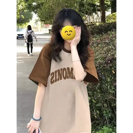 复古t恤女插肩袖棕色撞色显瘦胖mm炸街上衣遮肚大码纯棉ins短袖夏图片