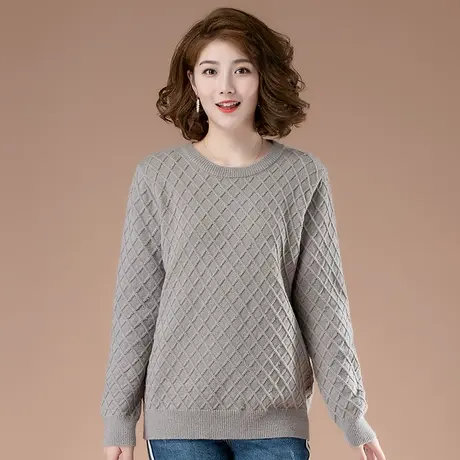 秋冬加肥加大码女装毛衣宽松显瘦洋气圆领套头中年纯色打底针织衫商品大图