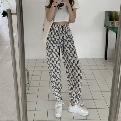 春夏季冰丝薄款高腰白色束脚直筒运动休闲阔腿裤女装ins哈伦裤子图片