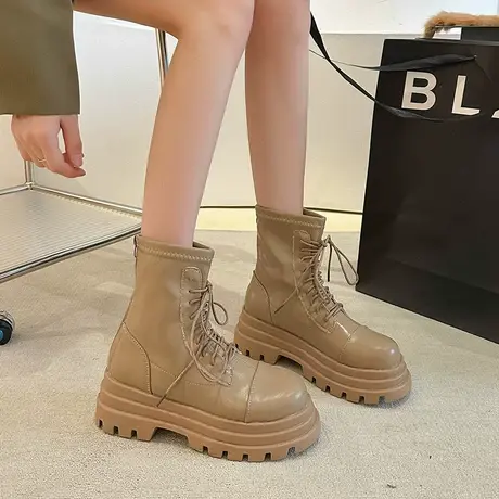 厚底马丁靴女2023秋季新款小个子增高显瘦英伦风黑色系带瘦瘦短靴商品大图