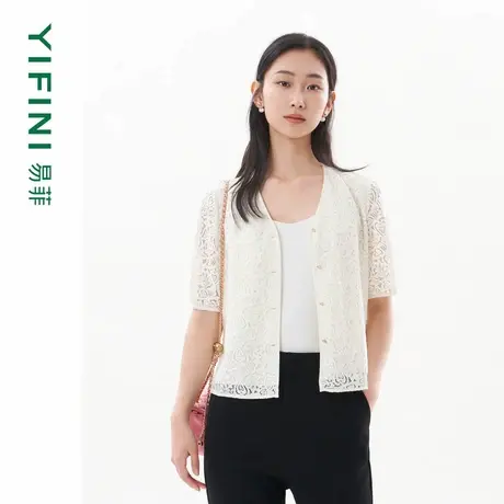 [专柜同款]Yifini/易菲提花蕾丝镂空V领衬衫外套女宽松短款小衫图片