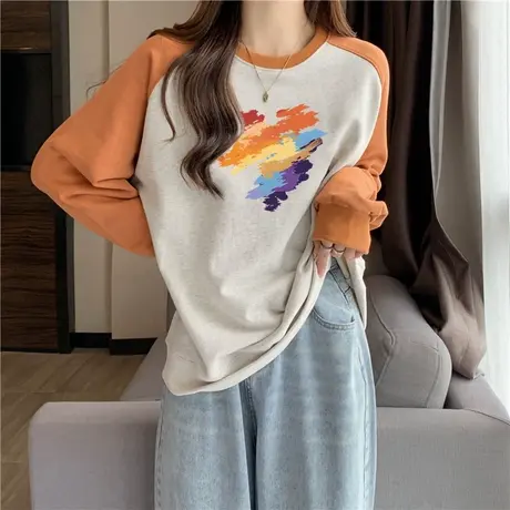 彩色爱心插肩袖卫衣长袖女春秋百搭宽松韩版薄款圆领上衣情侣装潮商品大图