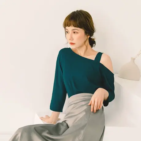 桔熊春季度假风舒适雪纺衫露单肩斜领七分袖上衣少女大码AB16054商品大图