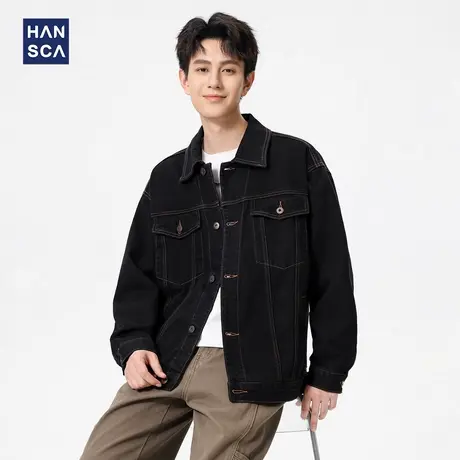 hansca秋季明辑线复古牛仔外套男士2025新款宽松翻领水洗休闲夹克图片