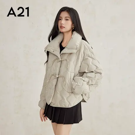 A21女装梭织宽松立领落肩开襟短棉服翻领时尚纽扣设计保暖棉衣图片