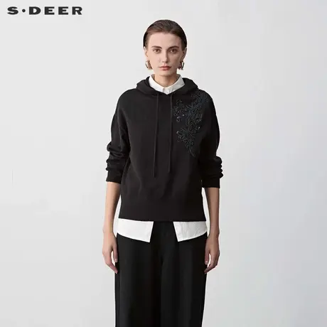 sdeer圣迪奥冬季女装抽绳连帽肌理钩花宽松针织衫S23483524商品大图