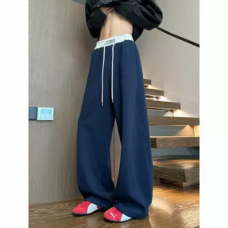藏青色斜切弯刀卫裤男秋季潮牌宽松阔腿运动裤子重磅垂感休闲长裤商品大图