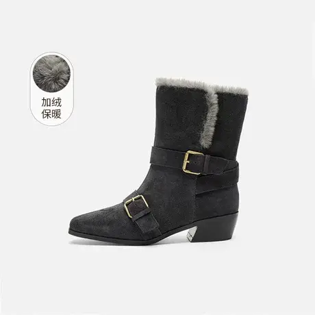 奥莱专供Nine West/玖熙加绒时装靴女皮带方扣保暖短靴中跟女靴子图片