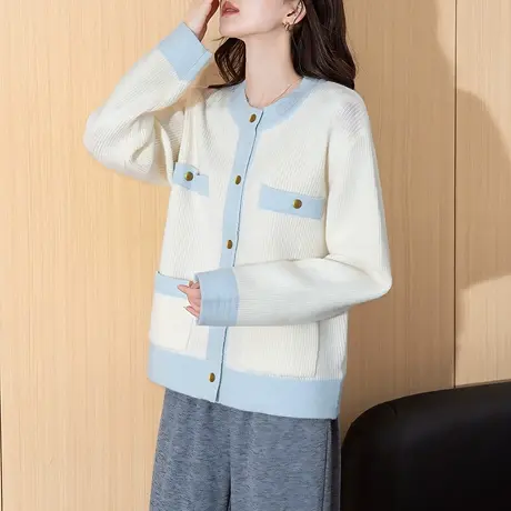 唐狮秋冬季毛衣女超好看小香风温柔撞色设计圆领温柔系开衫TM图片