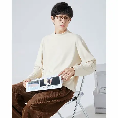 唐狮秋冬季新款长袖T恤男半高领仿德绒打底衫双面绒圆领白色潮TD图片