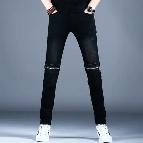 秋冬款黑色拼接机车男裤美式高街裤子潮流男士牛仔裤男款小脚修身商品大图
