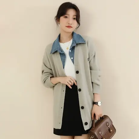 新品8.5折】POLO领拼接假两件宽松休闲开衫毛衣外套女图片