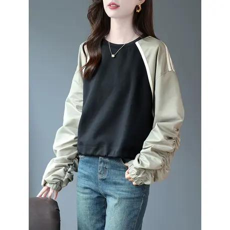 宝诗黎圆领拼接褶皱长袖设计感小众卫衣2023秋季新款棉质宽松上衣商品大图